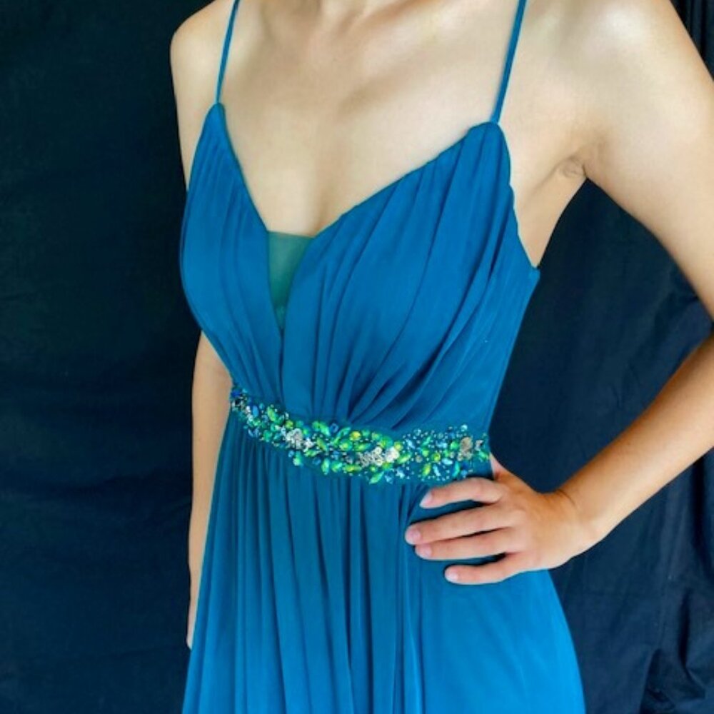 Teezeme:  Long beaded dress.  Teal - with emerald green stones.  Size 4